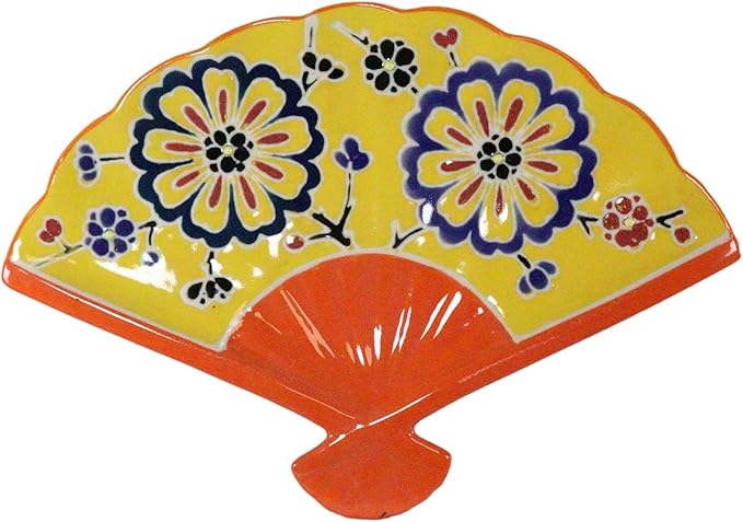 Ebros Pack Of 4 Colorful Oriental Folding Fan Shaped Appetizer Sushi Dessert Serving Dish Plates Decorative Asian Themed Artistic Dinner Lunch Serveware Plate Set (Yellow Summer Flower Blossoms)