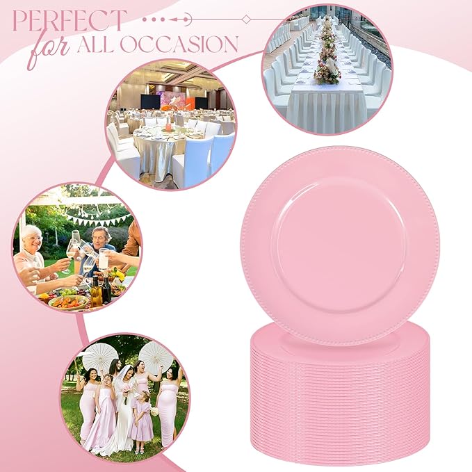 fani 50 Pcs Pink Charger Plates Bulk, 13'' Round Beaded Dinner Charger Plates, Plastic Reusable Vintage Table Decoration for Wedding, Party, Reception, Event, Holiday Supplies