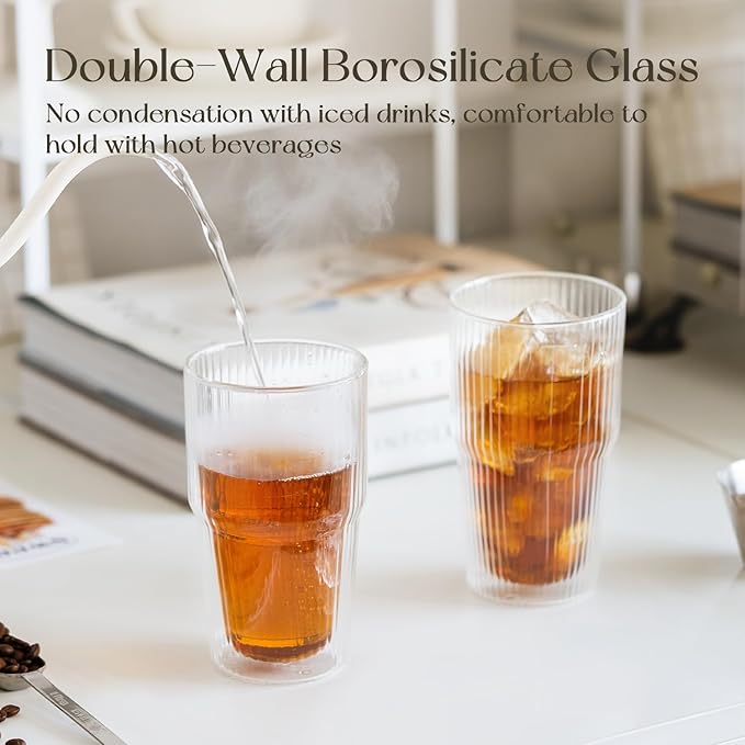 KEMORELA Set of 4 Ribbed Double-Walled Glass Cups, 16 oz / 480 ml Insulated Tumblers for Iced Coffee, Latte, Matcha, Smoothies & Bubble Tea – Clear Vertical Stripe Glassware, Dishwasher Safe