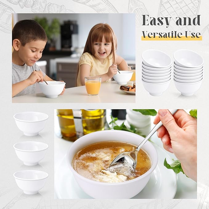 Tioncy 20 Pack 25 oz White Dessert Bowls Set Round Melamine Bowls for Pasta Cereal Rice Soup Snack Candy Ice Cream Pudding Fruit Salad, Dishwasher Safe