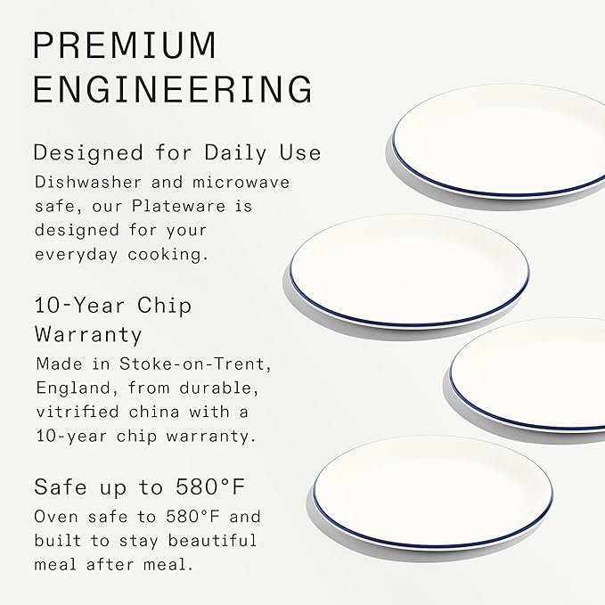 Made In Cookware - Set of 4 - Appetizer Plates - White With Navy Rim - Porcelain England