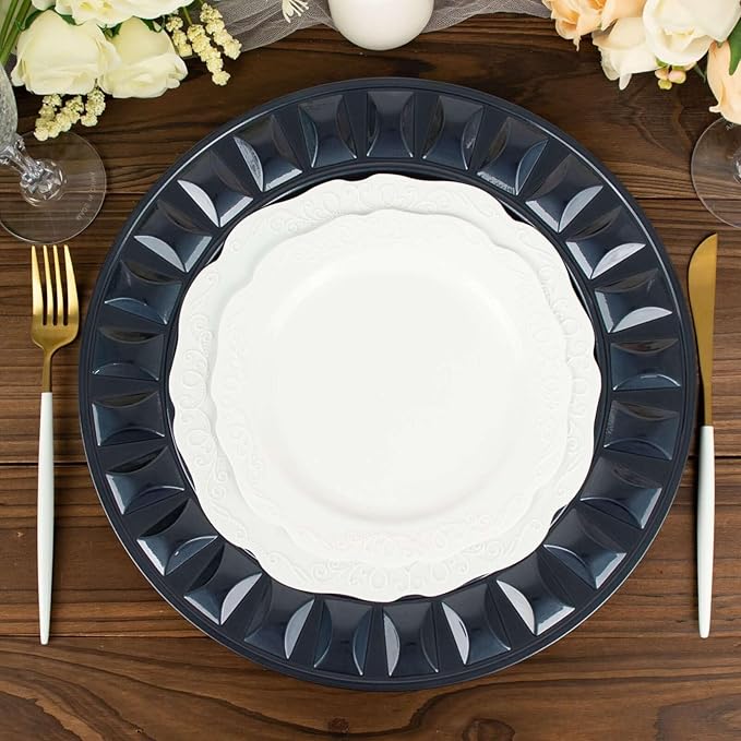 Efavormart 6 Pack | 13" Navy Blue Round Bejeweled Rim Plastic Dinner Serving Trays, Disposable Charger Plates
