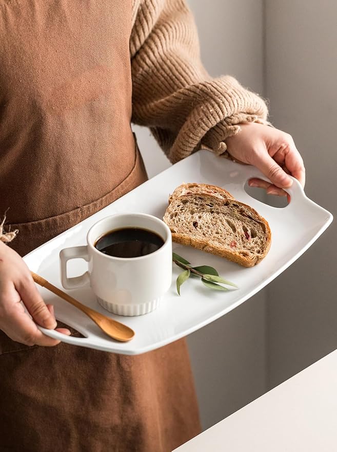 Turkey Serving Platter for Entertainment, Thanksgiving, Turkey, Serving Tray with Handles Large, Party, Display, LYEOBOH 16 inch Rectangle Porcelain Platters Set of 2, White
