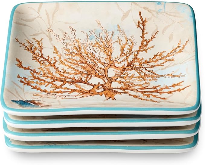 Escape to the Sea 6-Inch Canape Plates, Set of 4, Coastal Seashell & Coral Design, Durable Ceramic, Lightweight & Dishwasher Safe, Elegant Ocean-Inspired Plates for Appetizers & Desserts