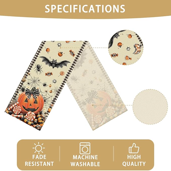 Pumpkin Halloween Table Runner Seasonal Fall Kitchen Dining Linen Table Decoration for Indoor Outdoor Home Party Decor 13 x 72 Inch