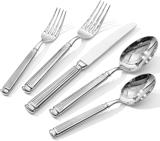 KINGSTONE Silverware Set, 40-Piece 18/10 Stainless Steel Flatware Set - Roman Column Embossed Thick Handle, for Wedding, Home, Restaurant, Kitchen and Party, Mirror Polish & Dishwasher Safe