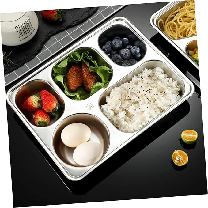 Cabilock 1pc Stainless Steel Food Plate Section Serving Tray Divided Lunch Compartment Stackable