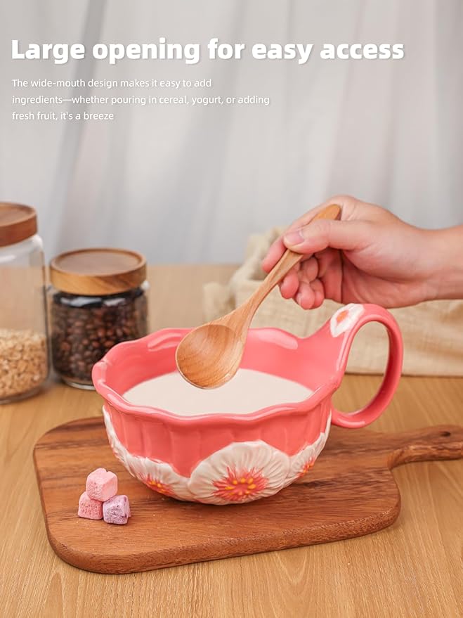 silesia Handmade Ceramic Soup Bowl, 30 oz Hand Painted Bowl with Loop Handle, Floral Design Cereal Bowl for Soup, Ice cream, Snack, Microwave & Dishwasher Safe (Pink)