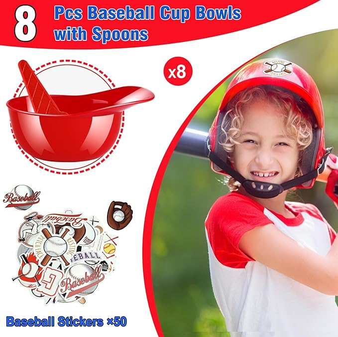 MEEZY 16 Set Baseball Helmet Ice Cream Bowls with 8 Mini Dessert Cups and 8 Spoons, 8oz Reusable Baseball Cap Snack Dessert Cup Bowls Baseball Party Favors for Kids Sports Birthday Party Supplies