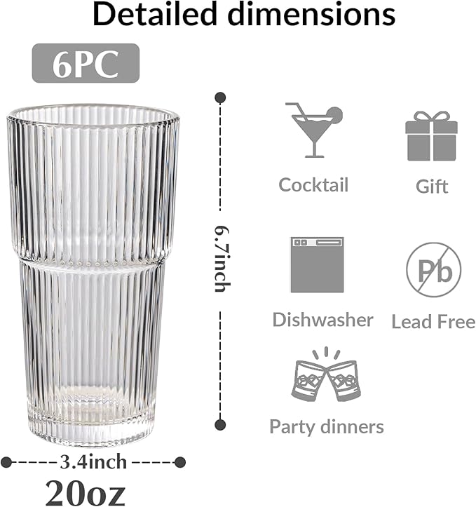 WeirdUncle Set of 6 Oversize Ribbed Glassware, 20oz Vintage Clear Glass Tumbler, Large capacity, Origami Style, Fluted Design, Ideal for Water, Iced Coffee, Beer, Tea, Latte, Housewarming Gift (Large)