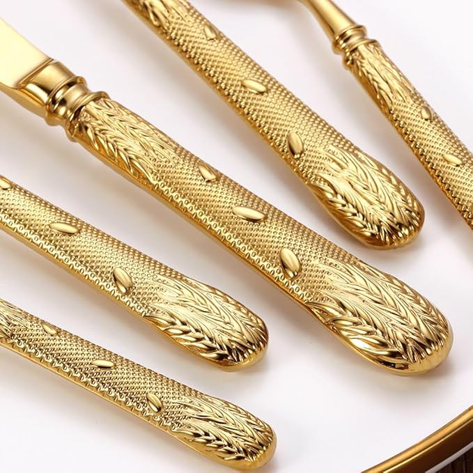 Luxury 20-Piece Wheat Ear Design Silverware Set, Premium 18/10 Stainless Steel Flatware, Serving 4. (Gold)