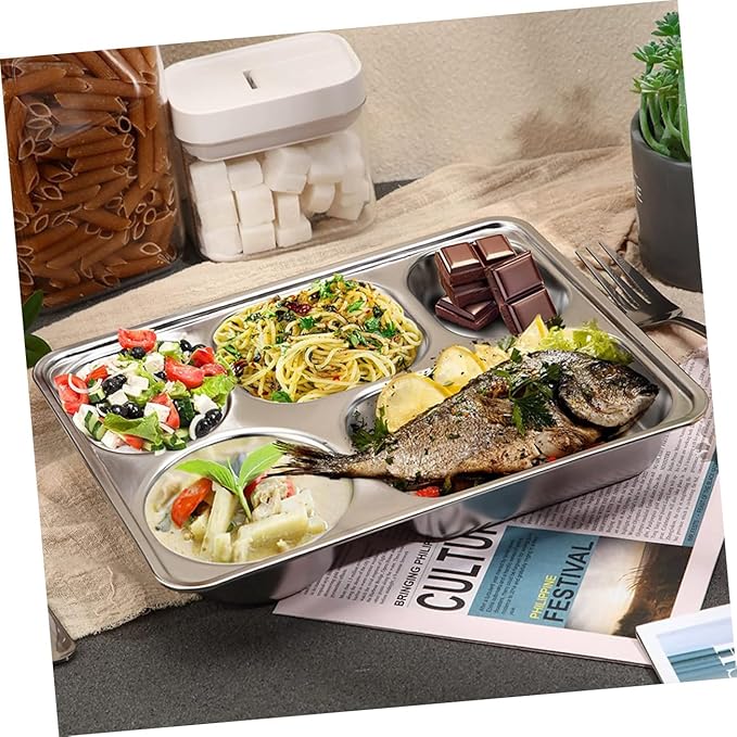 Zerodeko 3pcs Stainless Steel Divided Dinner Plate for Adults Cafeteria Tray Serving Platter Lunch Tray