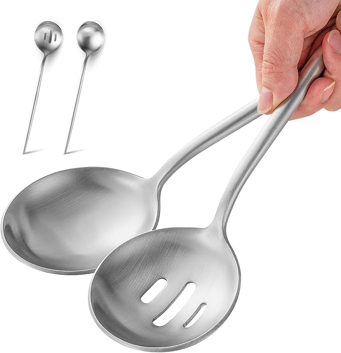 O.C.E. 4 Pieces Serving Spoons Set,10.3-Inch Large Serving Spoon,Including 2 Serving Spoon and 2 Slotted Spoon,Stainless Steel Flatware Serving Set,for Buffet,Banquet or Gift,Matte Silver