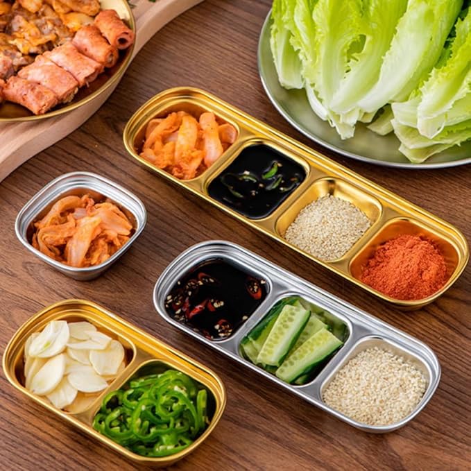 3 Piece Stainless Steel Sauce Tray, Divided DippingTray, 3 Compartment Appetizer Serving Tray for Sauce, Ketchup, Dressing, Silver, 8 X 3 Inches (3 Compartment)