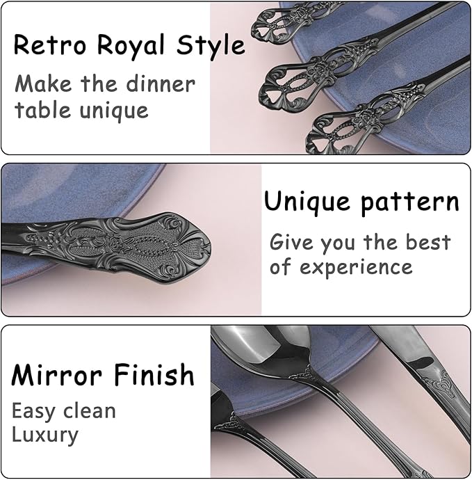 Retro Royal Black Silverware Set With Gift Box For 8 Cutlery Set Utensils Stainless Steel Flatware 40 Pieces MIKIWAY Kitchen Tableware Set For Gifts Festive, Dishwasher Safe, Mirror Polishing