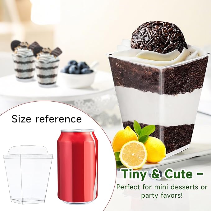 OTOB 150 Pack 5.4 oz Dessert Cups with Lids and Spoons | Serves 50 | Small Square Plastic Cake Pudding Cups, Mini Party Serving Cups for Parfait, Yogurt, Appetizers, Mousse, Dessert Shot Glasses Bowl