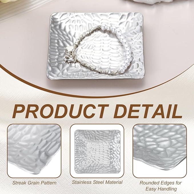 uxcell 2Pcs Decorative Tray, 3x2.9 Stainless Steel Rectangular Frosted Serving Tray with Hammer Pattern for Dessert Napkin Towel Candle Jewelry Bathroom Platter, Stackable, Silver