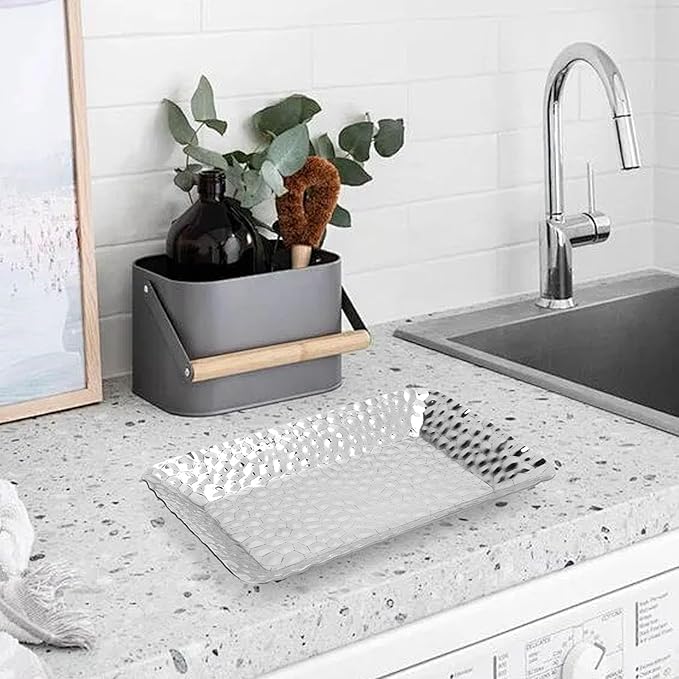 Stainless Steel Towel Tray Rectangular Serving Tray Silver 2PCS - Rustproof Durable Storage Organizer, Elegant Minimalist Design for Kitchen and Bathroom