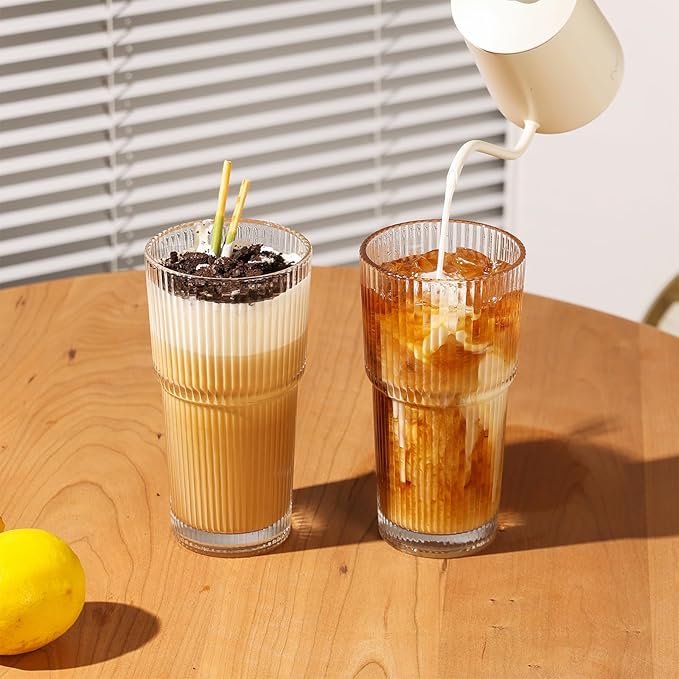 JUNDRUM Ribbed Drinking Glasses with Lids & Straws, Leak-Proof 20oz and 15oz Glass Cups, 8PCS Glass Tumblers, Ideal for Home, Office, Outdoor Use
