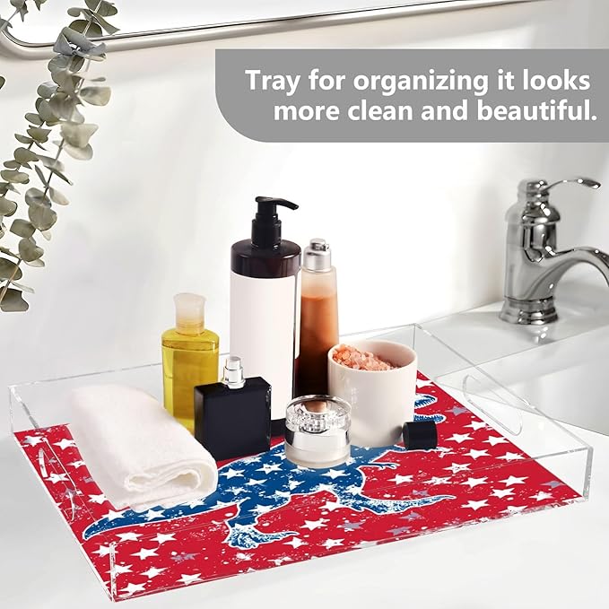 Serving Tray with Handles Clear Acrylic Tray 12x16 Inch Decorative Rectangular Tray Organizer for Ottoman Coffee Table Bathroom Red T-rex and Us Flag Stars