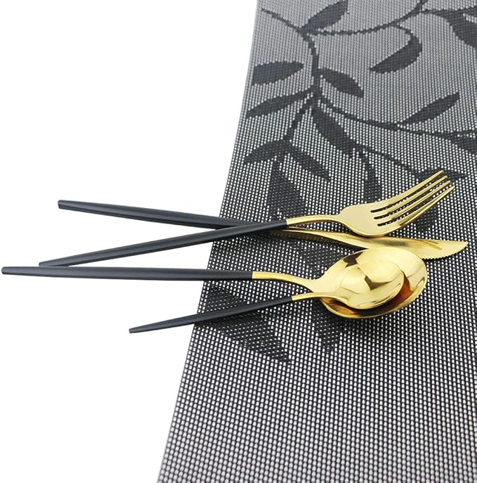 JASHII 24 Piece Titanium Black And Golden Plated Stainless Steel Flatware Set, Black Handle With Golden Mouth Silverware Set Black And Golden Cutlery Set Service for 6 (Handle Black,Shiny Golden)