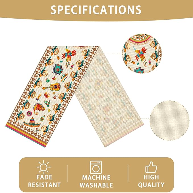Mexican Fifth of May Table Runner Seasonal Holiday Kitchen Dining Linen Table Decoration for Indoor Outdoor Home Party Decor 13 x 72 Inch