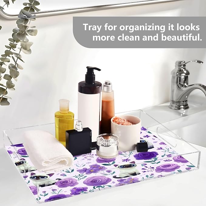 Serving Tray with Handles Clear Acrylic Tray 12x16 Inch Decorative Rectangular Tray Organizer for Ottoman Coffee Table Bathroom Purple Floral Cute Cats