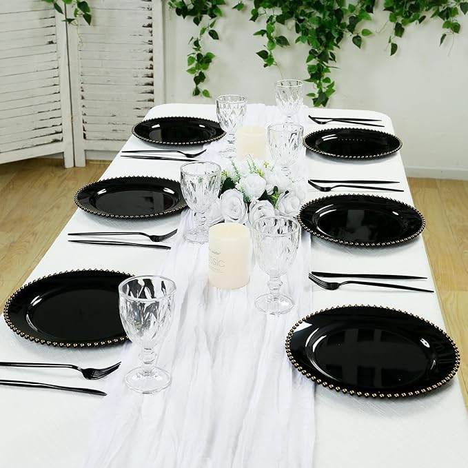 8" Salad Plates - Set of 20 - Plastic Black Gold Round Disposable Dessert Appetizer Plate Beaded Rim, Ideal for Dinner Party Wedding Bulk Events