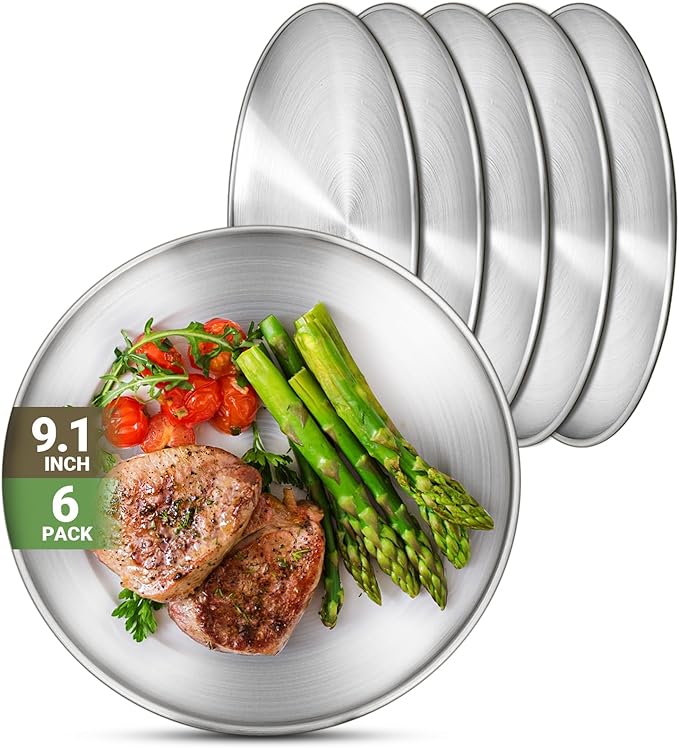 Metal Camping Plates, 6 Pack 9.1 inch 304(18/8) Stainless Steel Plates, Reusable Pizza Food Serving Snack Eating Salad Dishes Round Shatterproof Plate Silver Dinnerware Dinner Oven Safe