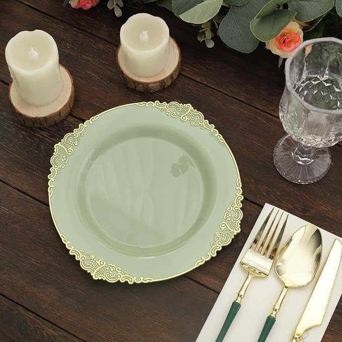8" Salad Plates -Set of 20 - Plastic Sage Green Round Baroque Disposable Chargers Leaf Embossed Rim, Ideal for Dinner Party Wedding Bulk Events