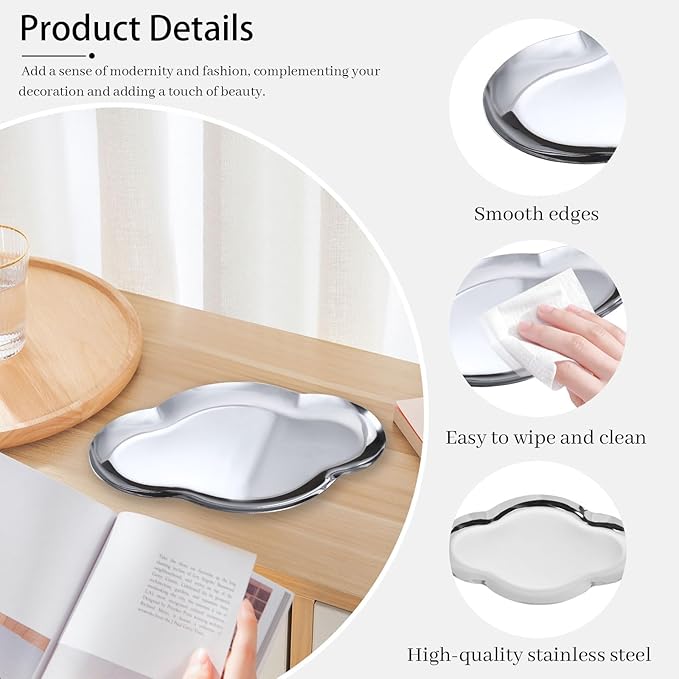 2Pcs Stainless Steel Jewelry Tray, 9in Cute Cloud Bathroom Decorative Tray Trinket Dish, Ring Dish Vanity Tray for Perfume Key Candle Aesthetic Room Decor (Silver)
