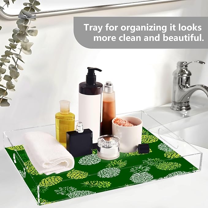Serving Tray with Handles Clear Acrylic Tray 12x16 Inch Decorative Rectangular Tray Organizer for Ottoman Coffee Table Bathroom Green Pineapple
