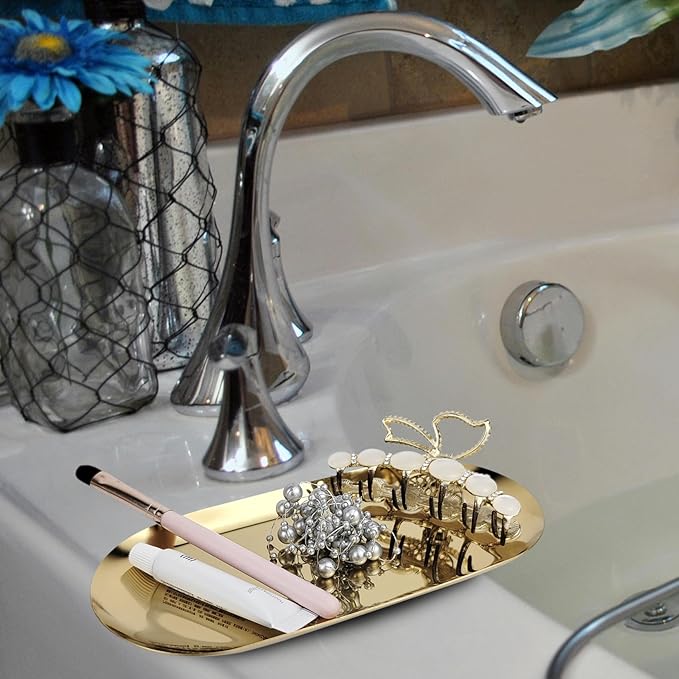 Elegant Stainless Steel Oval Decorative Tray: A Versatile 7 Inch Decorative Dish for Jewelry, Cosmetics, Fruit Tea，Towel and Bathroom Clutter Serving Delights in Silver Finish (1, Silver)