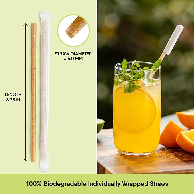 – 300 PCS of 8.25 Inches Individually Wrapped Biodegradable Straws – Made of Vegetable Fibers, Best Environment Friendly Drinking Straws for Hot and Cold Beverages
