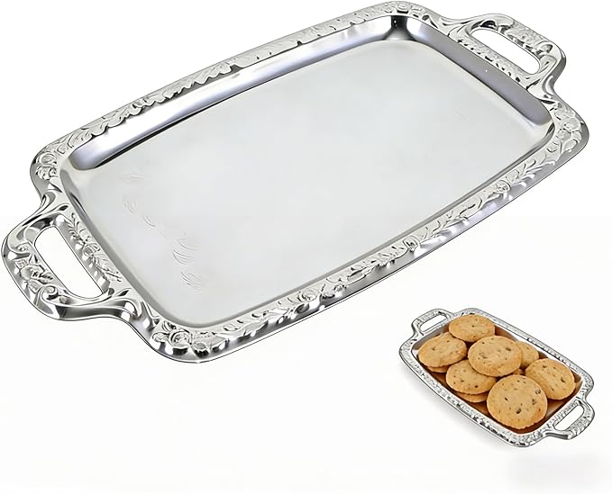 Rectangular Silver Serving Tray, Vintage Metal Tray for Whiskey Decanter Candlesticks Vanity Perfume and Snack Bread Breakfast Fruit Serving Dish