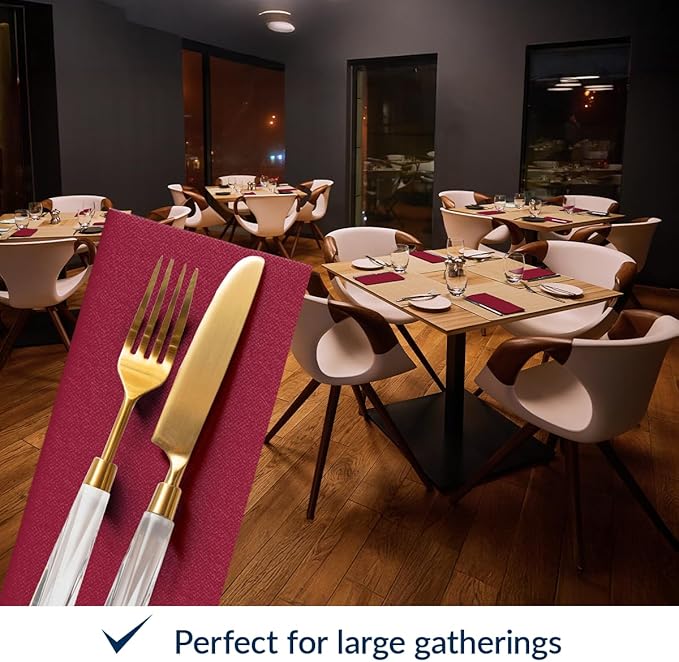 PAW - 50-Pack Disposable Burgundy Linen-Feel Guest Towels 8" x 4" Folded, European Quality Hand Towels, Elegant Dinner Napkins for Special Occasions - Wedding, Birthday, Holiday, Bridal Shower