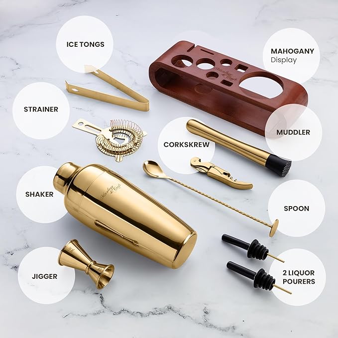 Mixology & Craft Bartender Kit: 10-Piece Cocktail Shaker Set with Dark Bamboo Stand | Complete Cocktail Kit Gift Set | Top Bartender Gifts for Men & Women | Leak-Proof Design (Gold)
