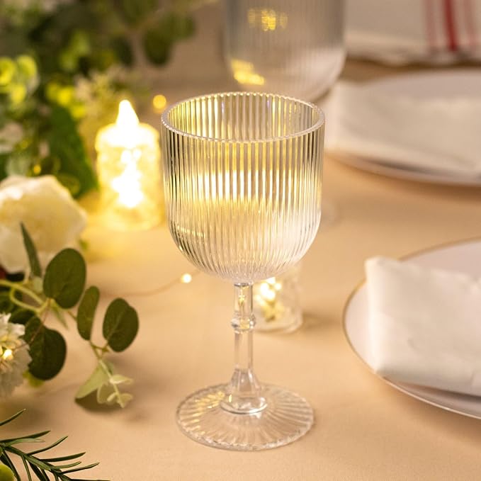 TCF Linen 12 Pack Clear Plastic Wine Goblets, 9oz Ribbed Reusable Shatterproof Drinkware for Weddings Parties Catering Cocktails and Desserts Cups