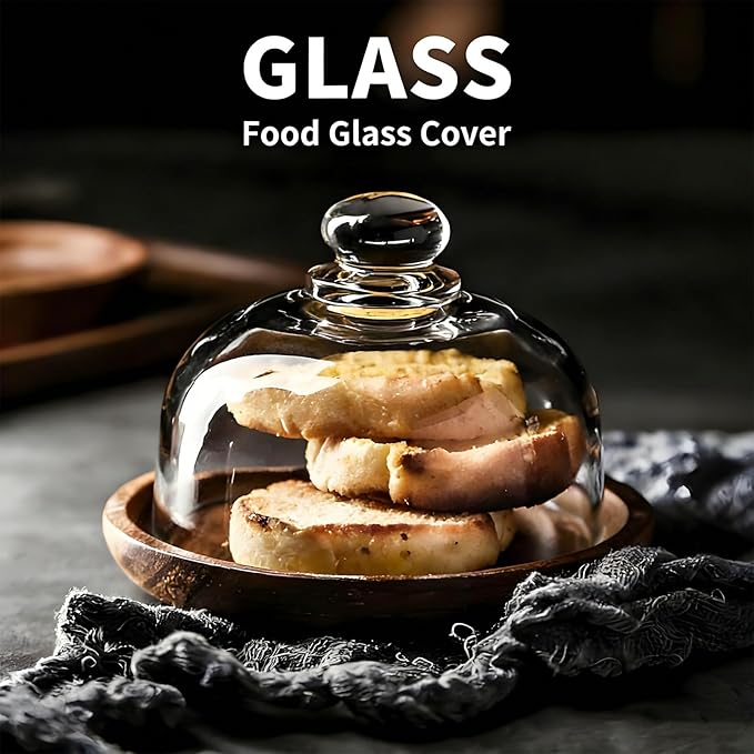Charcuterie Snow Globes, Glass Dessert Dome with Wood Base, Mini Cake Stand with Clear Cloche Cover, 4 Inch Wooden Cake Plate for Desserts, Cheese, Appetizers, Party & Home Display (2pcs)