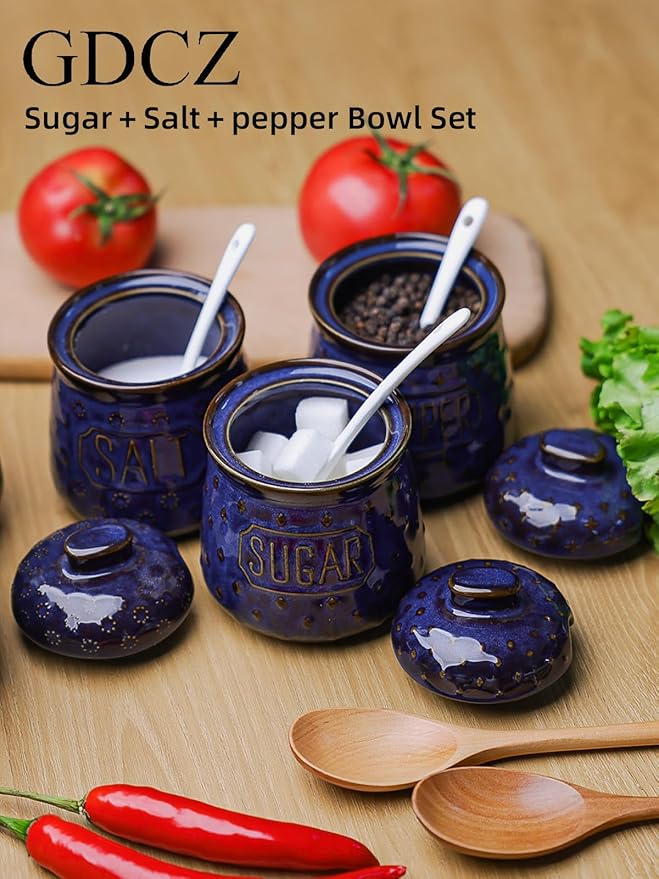 GDCZ 10 Oz Sugar Pepper and Salt Bowls with Lid and Spoon, Ceramics Seasoning Container, Seasoning Jar Spice Container for Kitchen,Dishwasher Safe, Set of 3 (Blue)