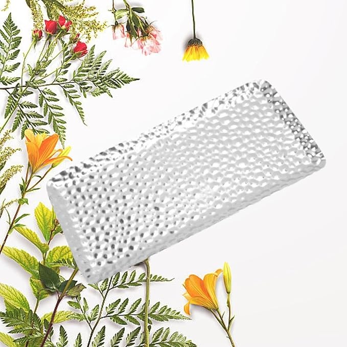 2pcs Bathroom Vanity Tray, Stainless Steel Silver Serving Tray Decorative Hammered Tray Soap Candles Perfume Tray Guest Towel Holder for Home Decor Bathroom Counter Restaurant, 3.7x7.7in