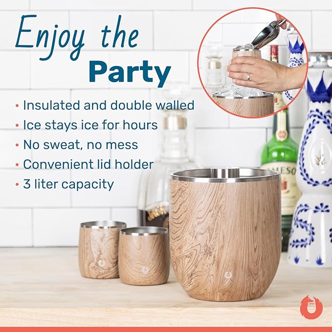 Snowfox Plus, Premium Vacuum Insulated Stainless Steel Ice Bucket with Lid/Scoop,Home Bar Accessories,Elegant Bartending Ice Bucket for Parties,Beautiful Outdoor Entertaining Supplies,3L,Natural Teak
