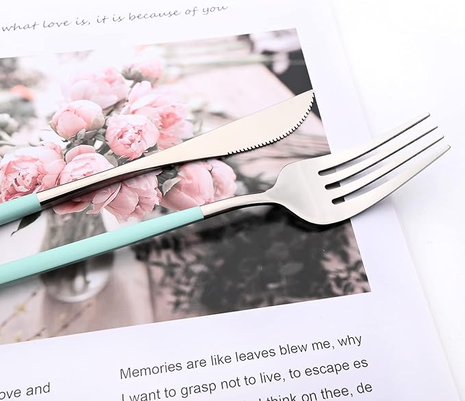 Mirror Cutlery Serving Set, 24-piece 18/0 Stainless Steel Silverware With Mint Green Handle Simple & Modern Tableware For Home Restaurant Dinner, Service For 6 (Mint Green Silver)