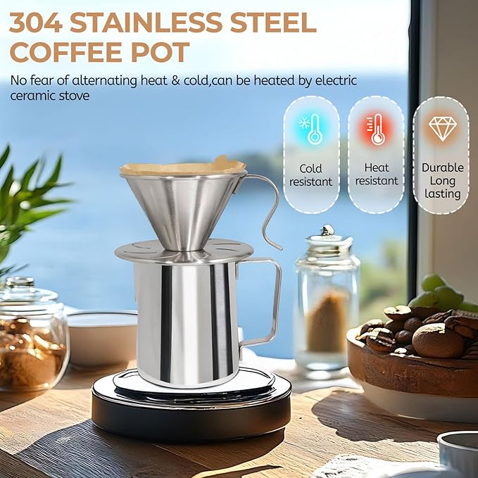 Uncoated Pour Over Coffee Maker 600ml Milk Frothing Pitcher 304 Thickened Stainless Steel Drip Coffeemaker Set with 50pcs V60 Cone Paper Filters Hand Brew Dripper Carafe for Home Camping Travel 20oz