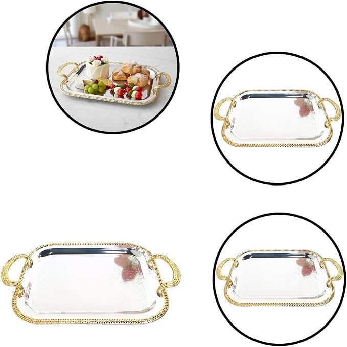 Rectangular Serving Tray Silver with Handles for Parties, Large Metal Tray for Serving Food and Drinks, European Style Tray