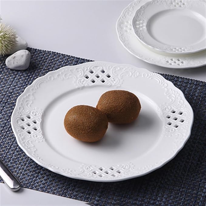 SONGCHAO Party Supplies Hollow Out Dessert Plate White Disc Home Kitchen Restaurant Coffee Shop Flat Plate Ceramic Fruit Plate Round Fruit Tray Party Plates (Color : Medium)