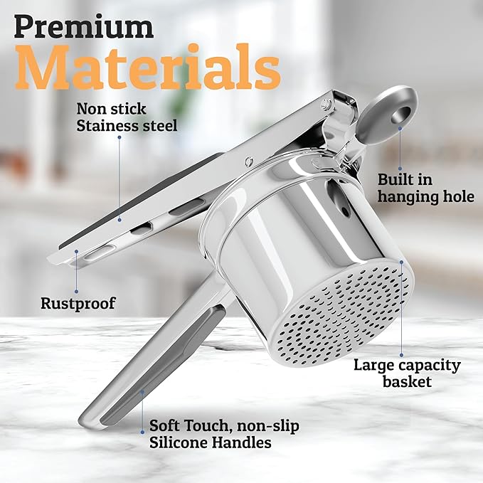 PriorityChef Large 15oz Potato Ricer, Heavy Duty Stainless Steel Potato Masher and Ricer Kitchen Tool, Press and Mash Kitchen Gadget For Perfect Mashed Potatoes - Everytime, Grey