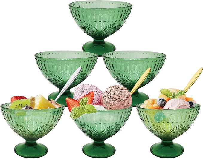 6PCs Set Small Cute Footed Embossed Glass Dessert Bowls for Dessert, Sundae, Ice Cream, Fruit, Salad, Snack, Cocktail, Condiment 7.44oz with 6 Pcs Flower Spoons