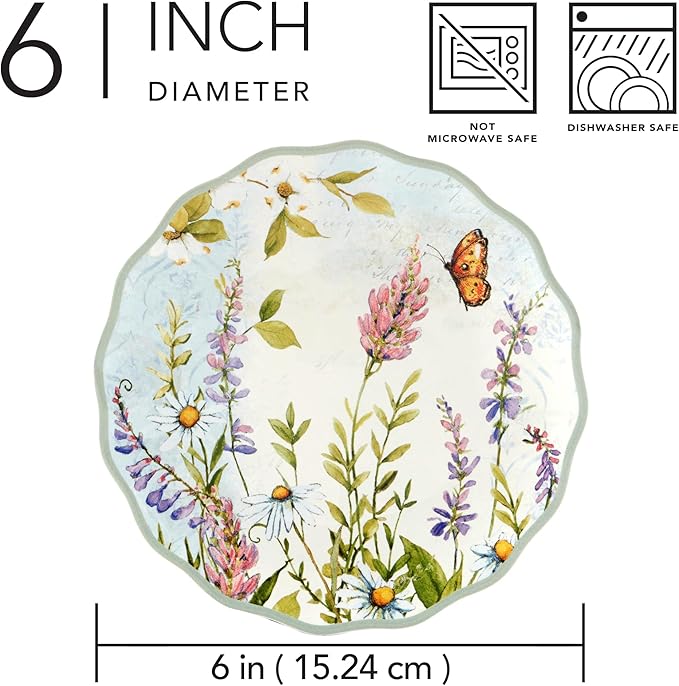 Easter Meadow 6-Inch Canape Plates,Set of 4 – Set of 4 with Whimsical Wildflower & Butterfly Design, Perfect for Appetizers, Mini Desserts & Snacks – Spring & Easter Decor