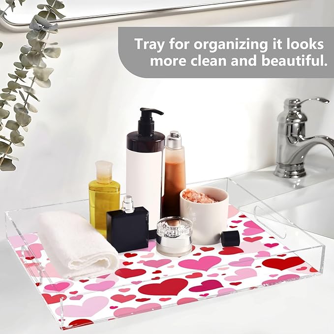 Serving Tray with Handles Clear Acrylic Tray 12x16 Inch Decorative Rectangular Tray Organizer for Ottoman Coffee Table Bathroom White Pink Love Valentine